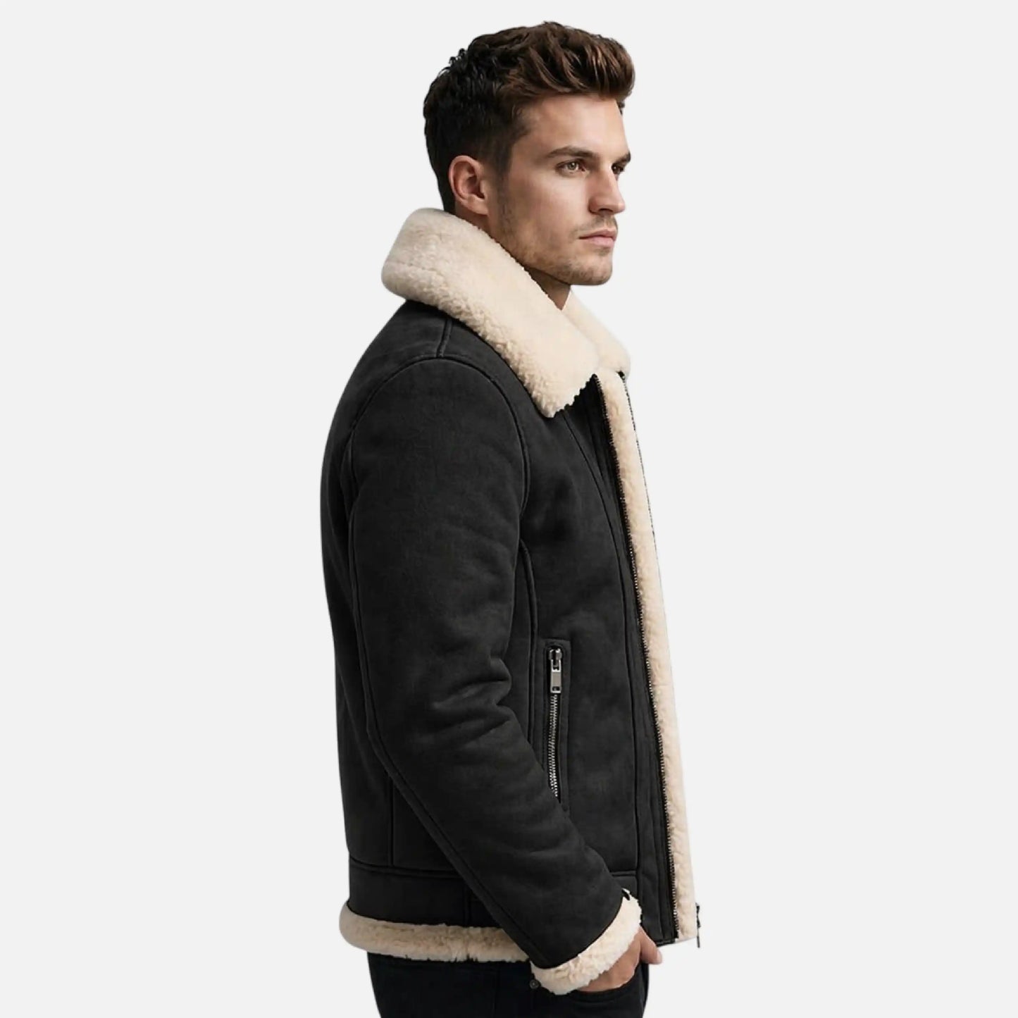 mens black fur lined leather jacket aviator