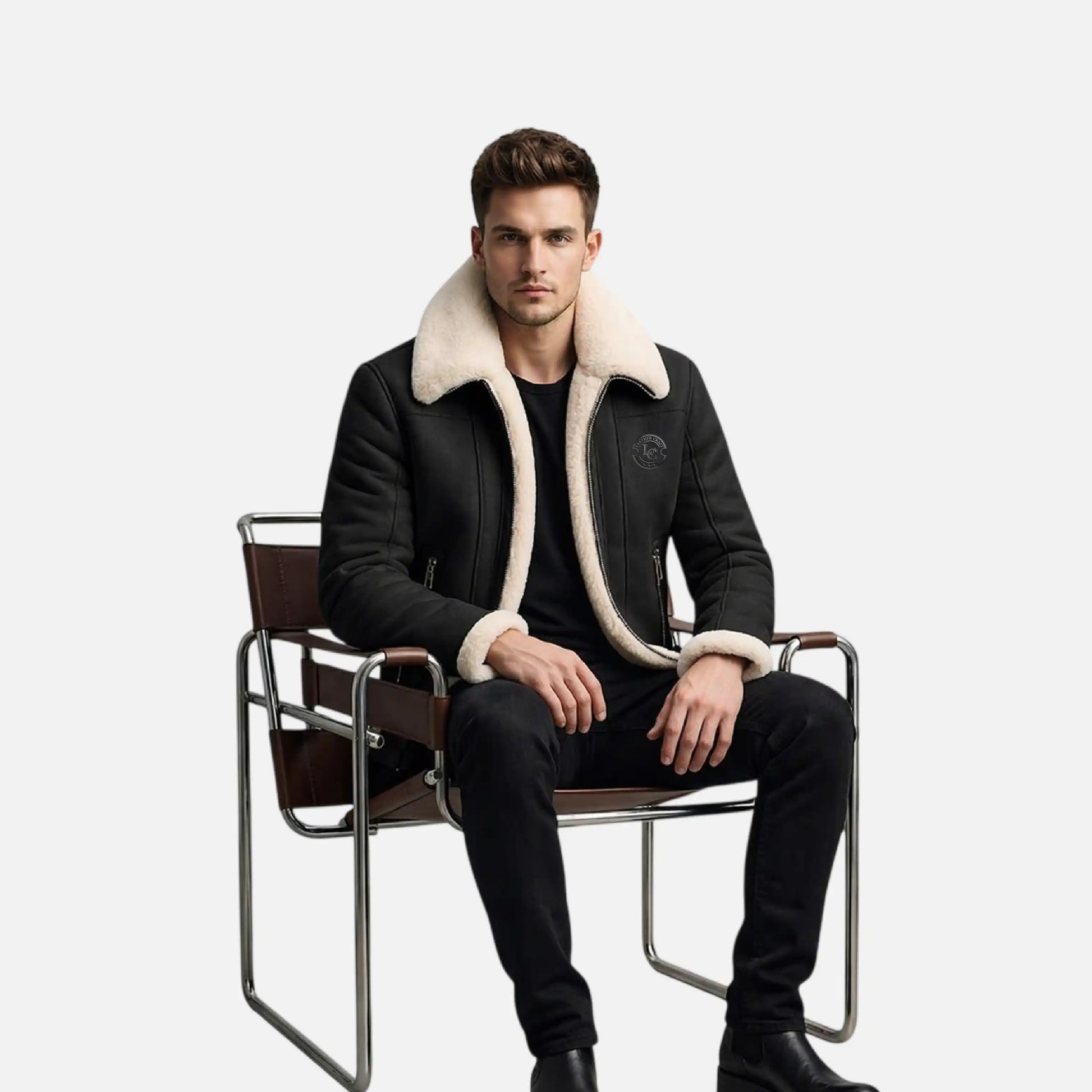 black shearling leather jacket men aviator style