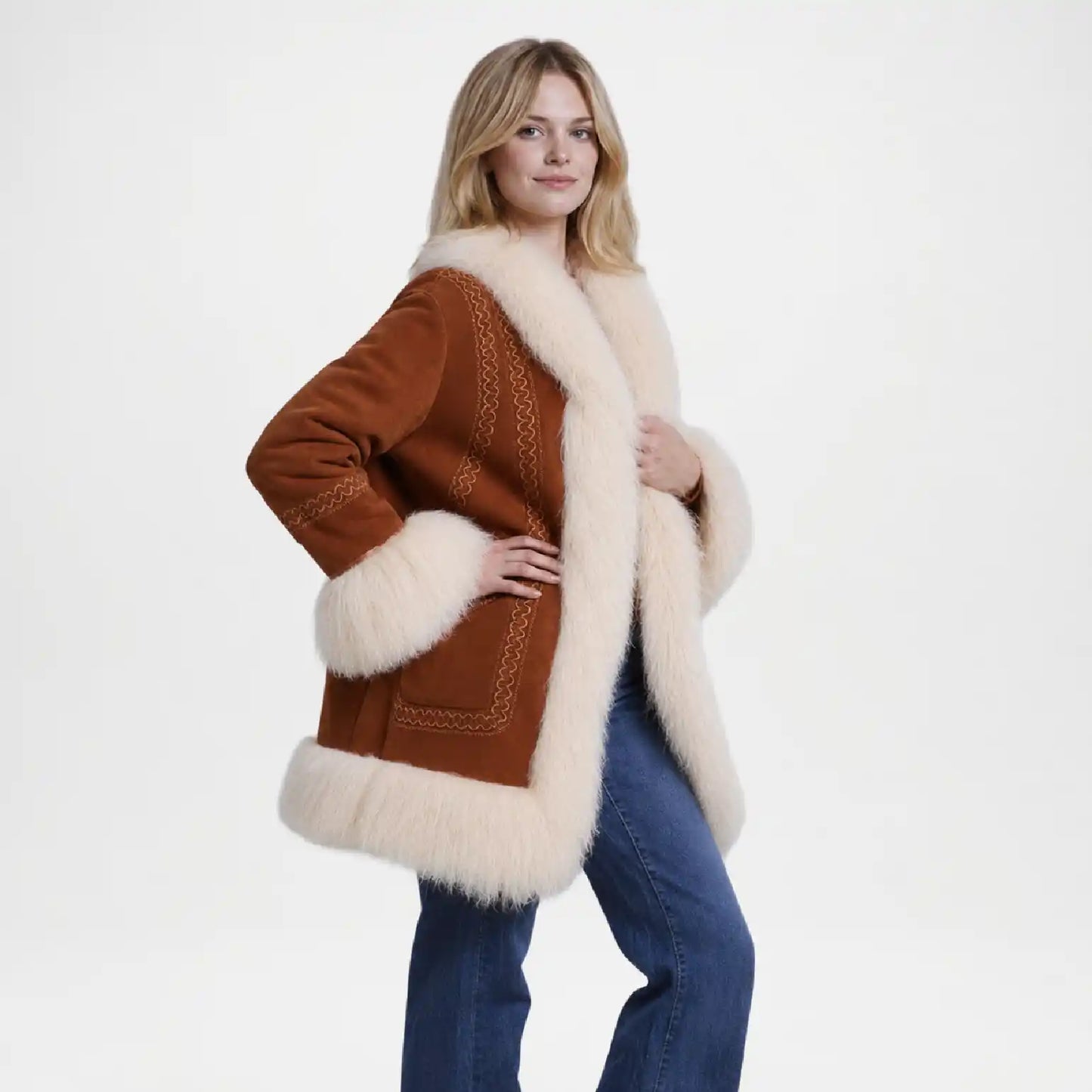 Women Brown Vintage Suede Shearling Coat with Tibet Trim