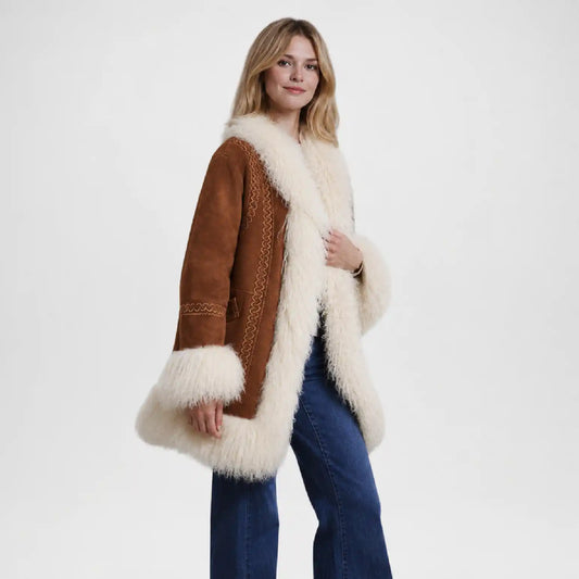 Women Brown Vintage Suede Shearling Coat with Tibet Trim