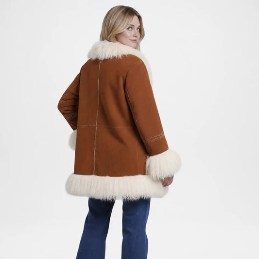 Women Brown Vintage Suede Shearling Coat with Tibet Trim