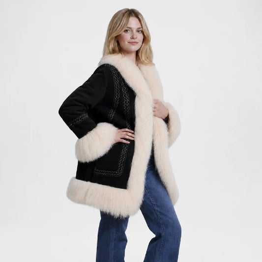 Women Black Vintage Suede Shearling Coat with Tibet Trim