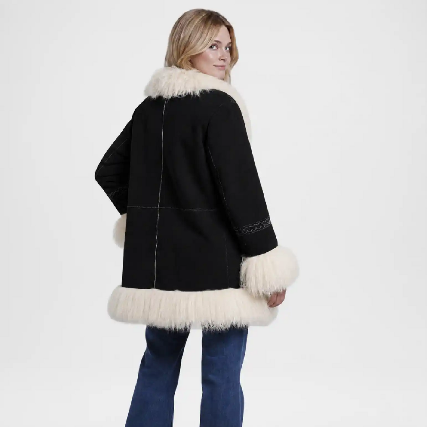 Women Black Vintage Suede Shearling Coat with Tibet Trim