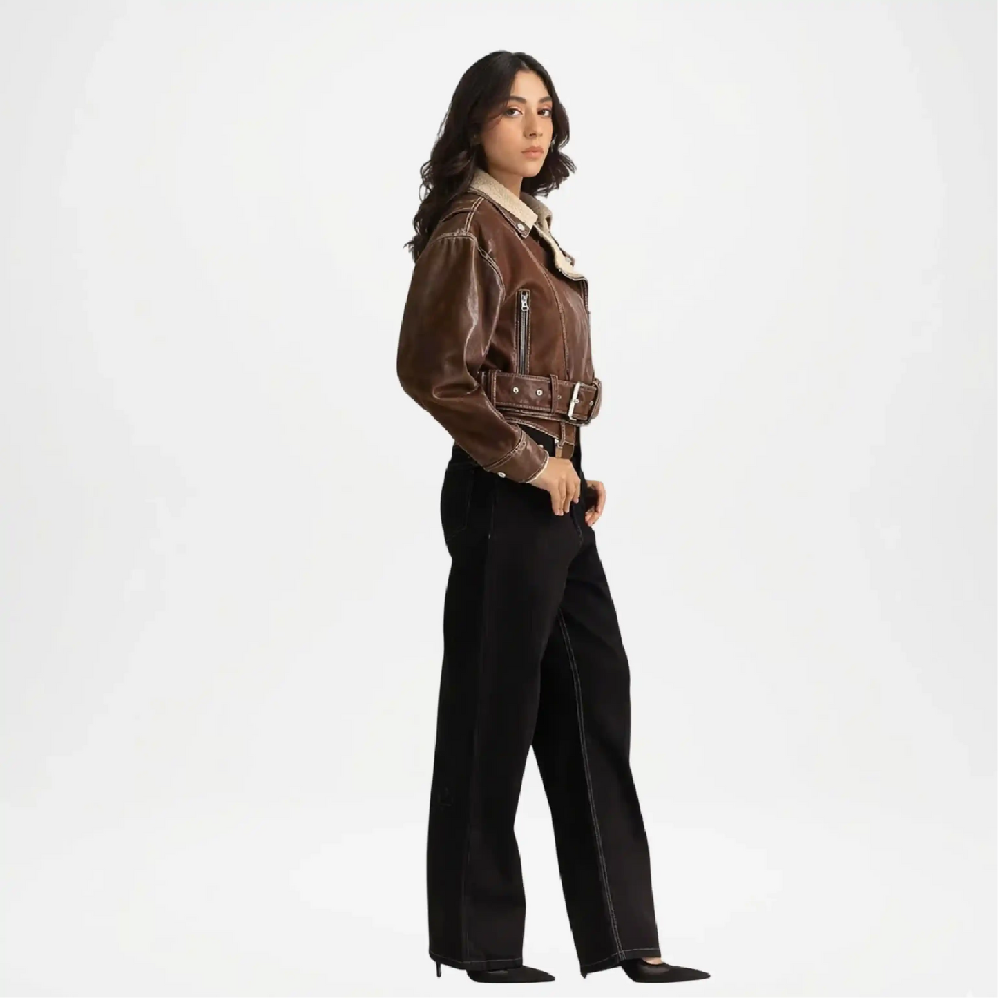 women's brown cropped denim jacket
