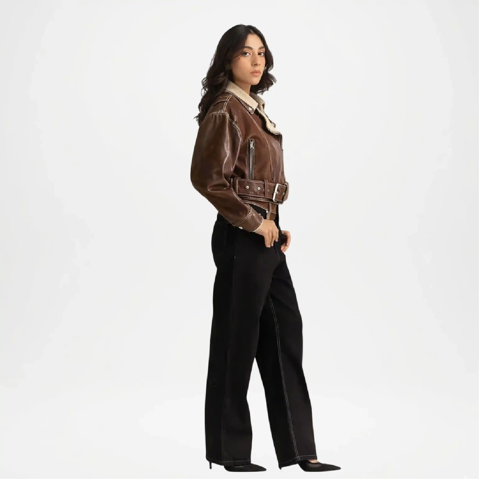 women's brown cropped denim jacket

