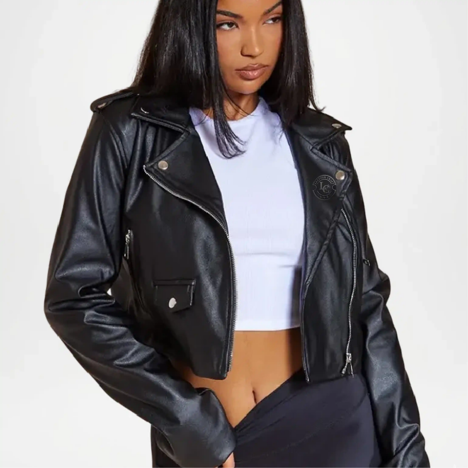 black cropped faux leather jacket
