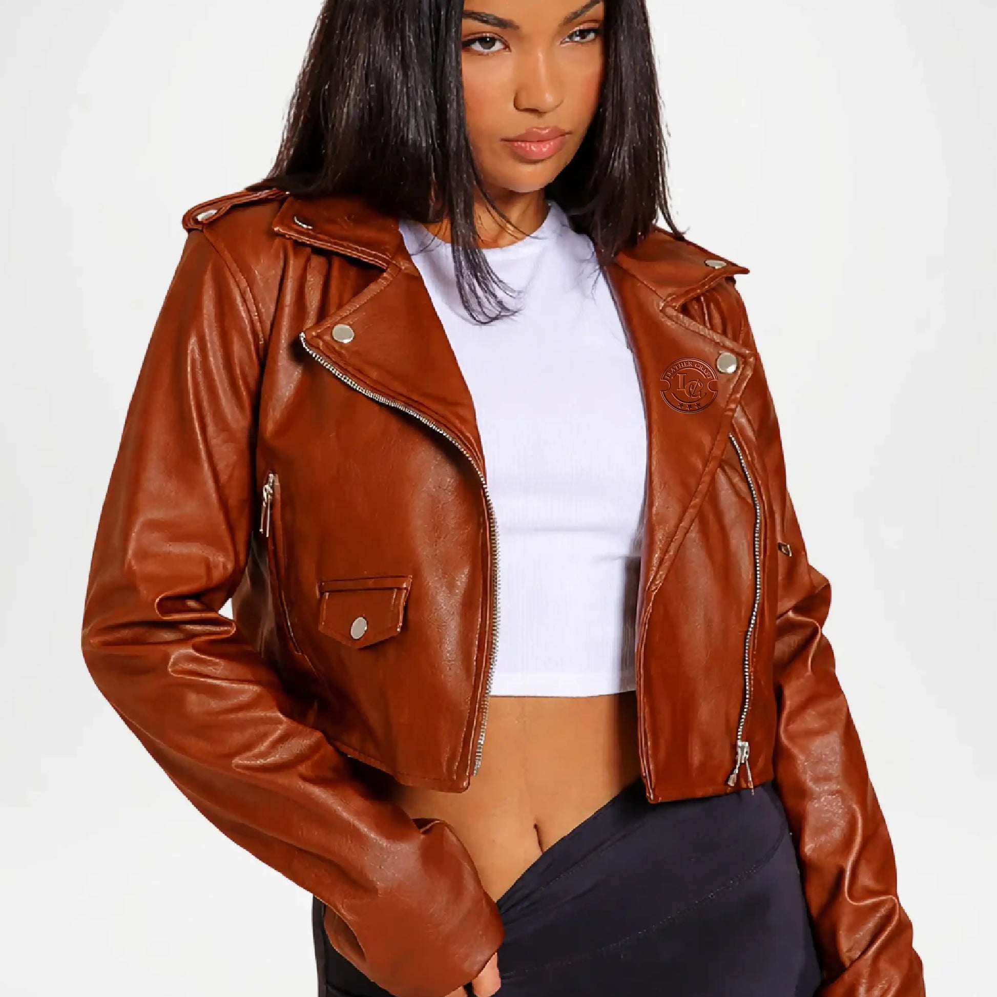 Brown Cropped Faux Leather Jacket Women’s
