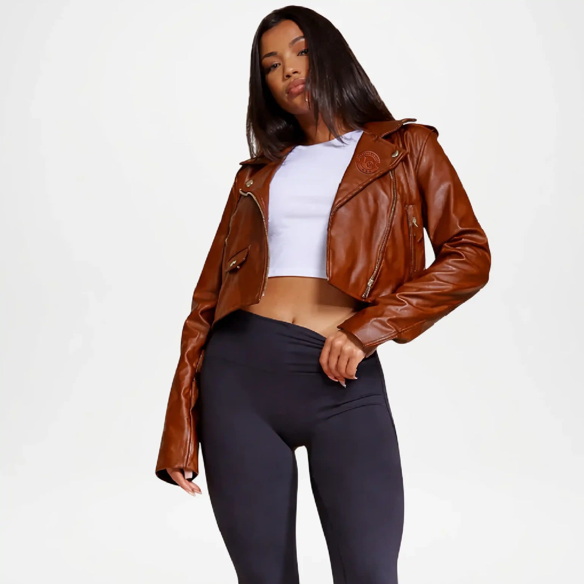brown cropped faux leather jacket
