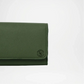 Green wallet with a brand logo on a white background