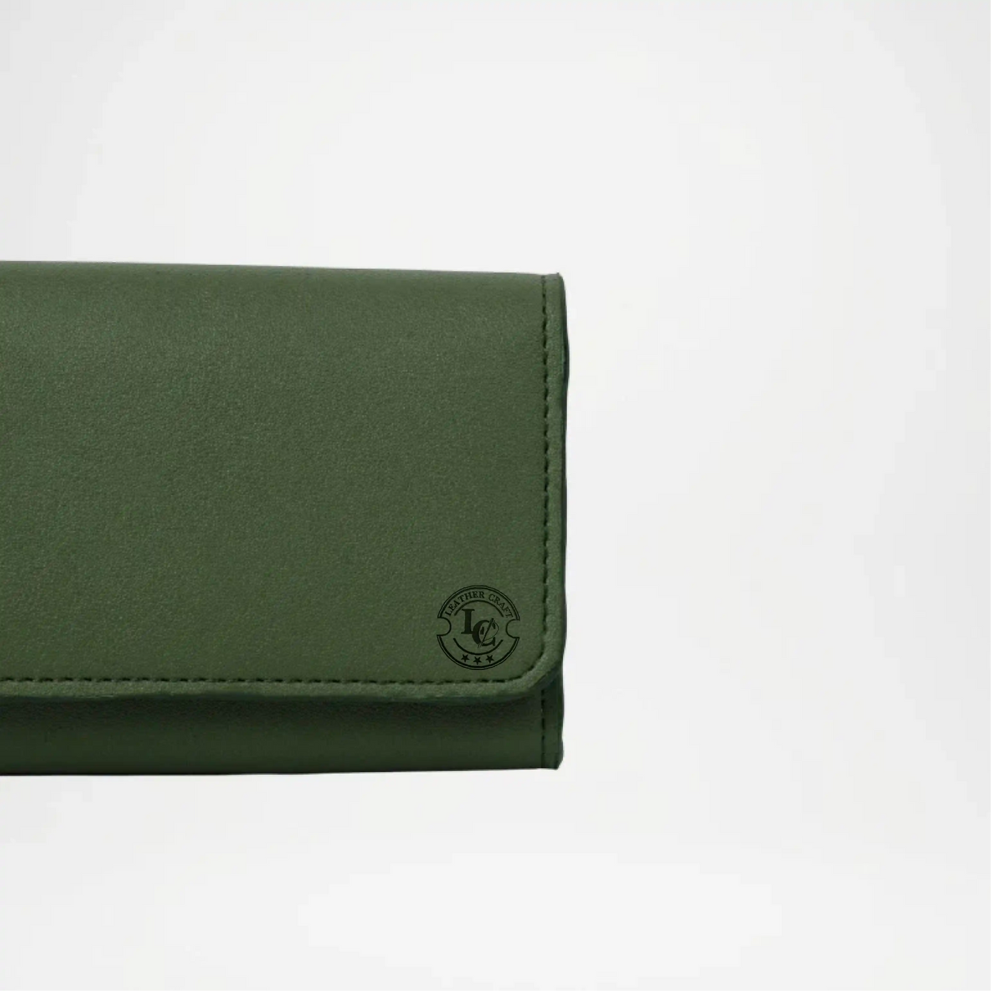 Green wallet with a brand logo on a white background