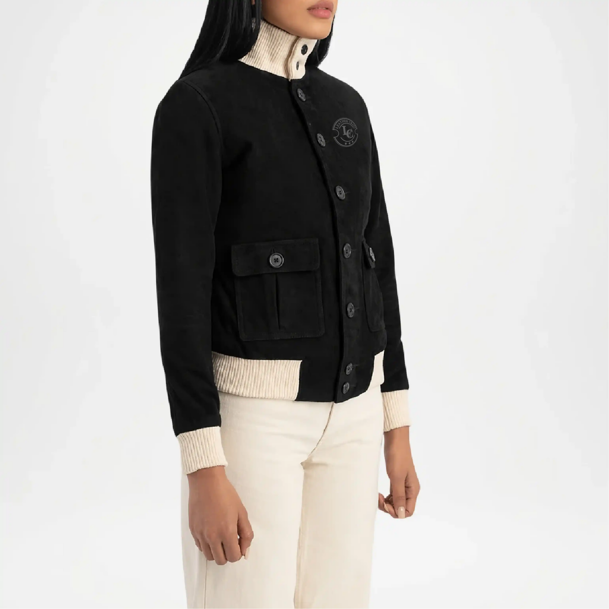 Black cardigan worn by a person on a white background