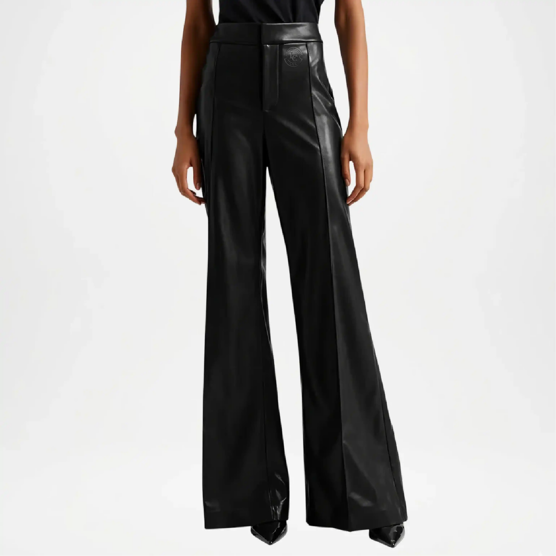 Black leather wide-leg pants worn by a model