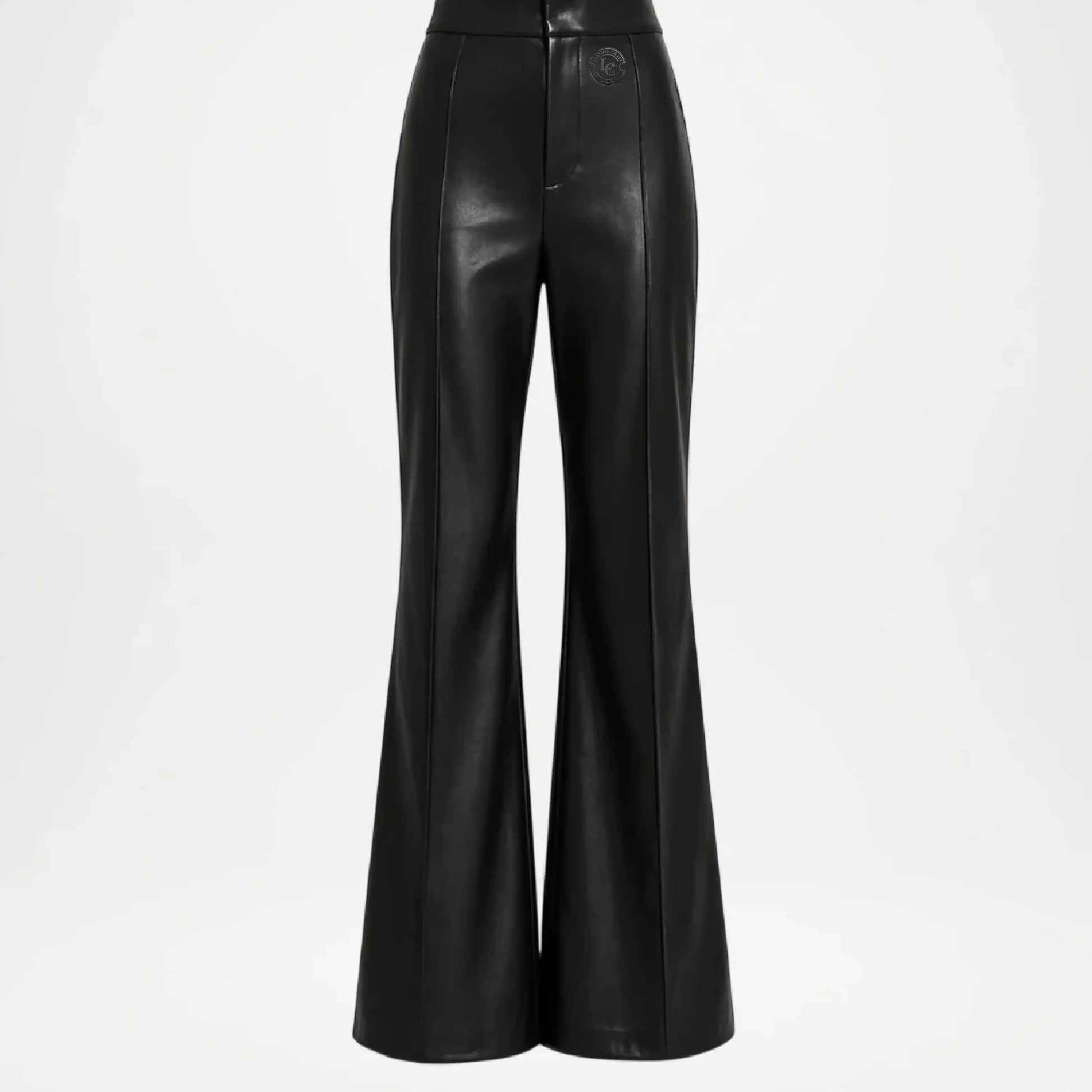 Black leather flared pants on a white background