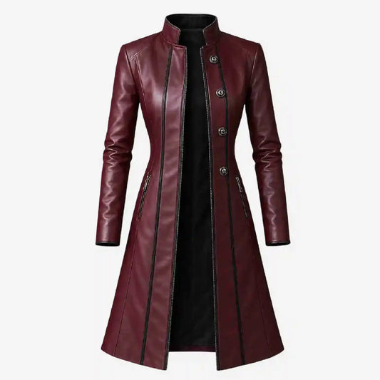 A long burgundy faux-leather coat with a stand collar, black trim, and silver-tone buttons, shown on a plain light gray background.