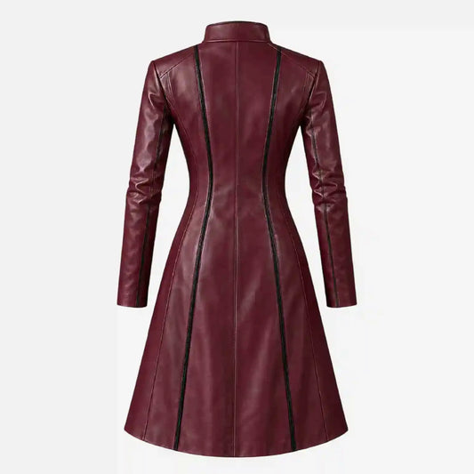 A long-sleeved faux leather coat in burgundy with black piping details along the seams, shown from the back on a light gray background.