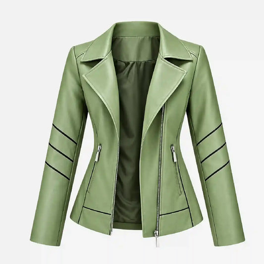 A light olive green faux leather moto jacket with a notched lapel, asymmetrical front zipper, and diagonal black stripe accents on the sleeves and lower front, shown against a plain white background.