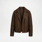 A dark brown distressed leather jacket with contrast stitching, displayed on a clean white background.