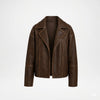 A dark brown distressed leather jacket with contrast stitching, displayed on a clean white background.