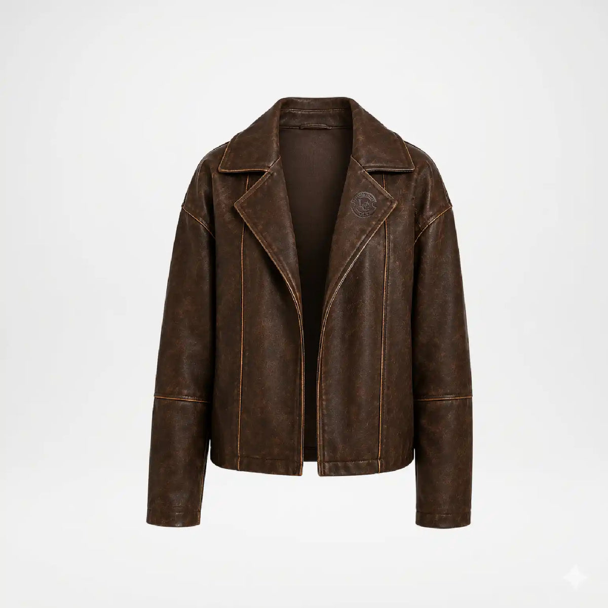 A dark brown distressed leather jacket with contrast stitching, displayed on a clean white background.