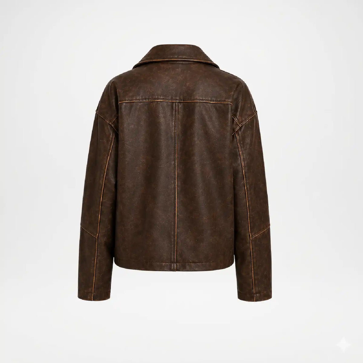 A dark brown faux leather jacket with a distressed finish, shown from the back on a light gray background.
