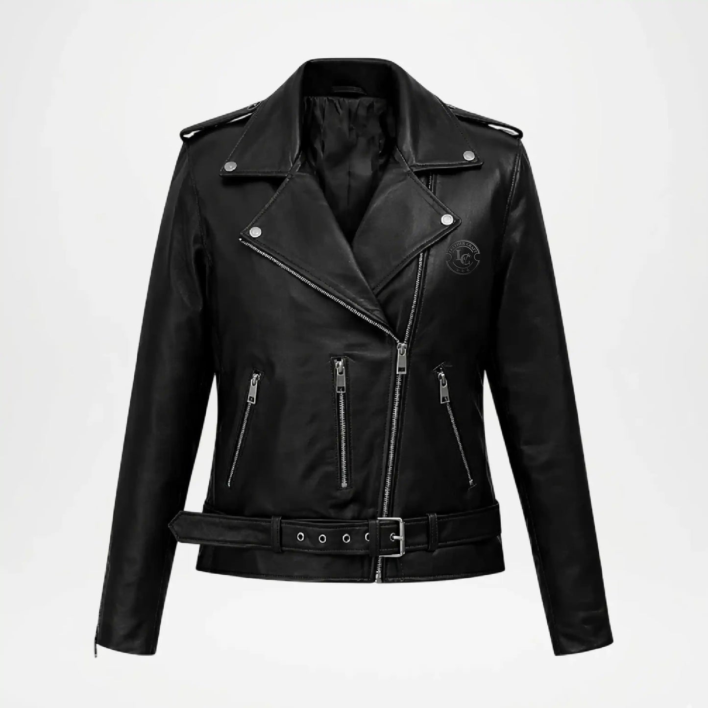 Black leather jacket with silver zippers 