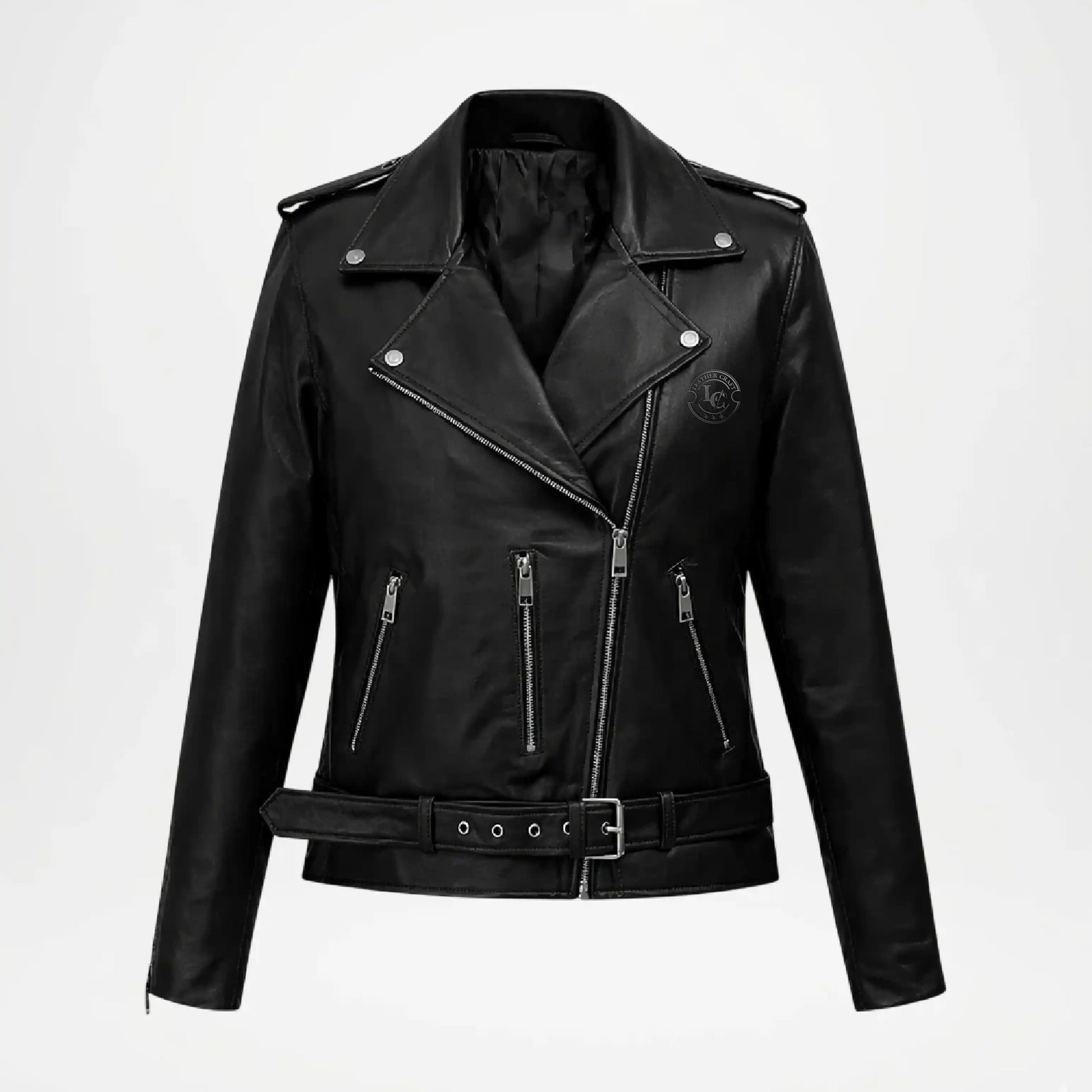 Black leather jacket with silver zippers 