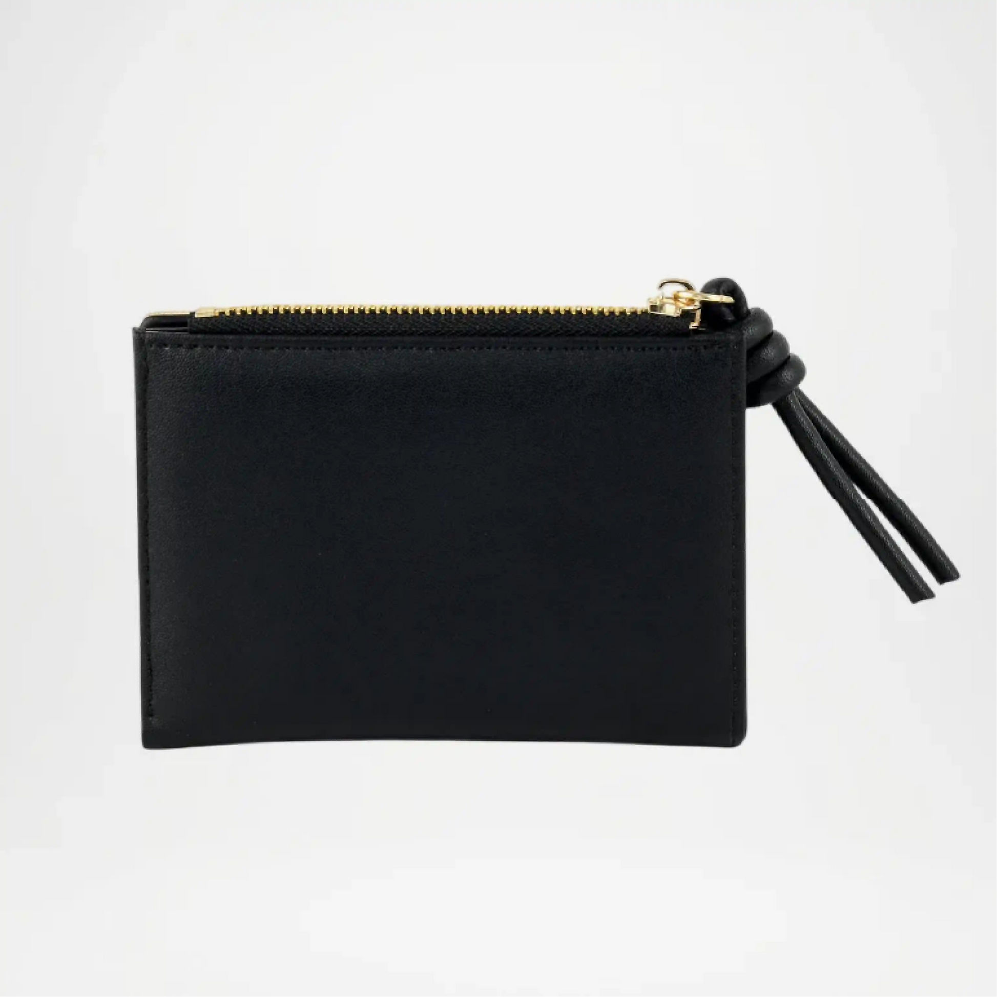 Black & cream leather pouch with a gold zipper on a white background
