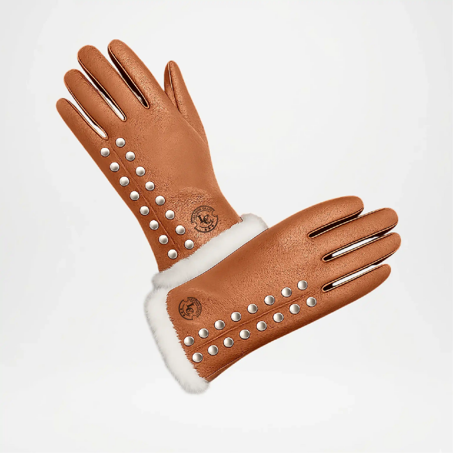 Brown leather glove with studs and white fur lining 