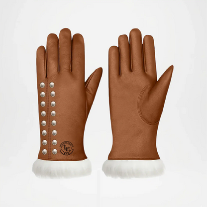 Pair of brown leather gloves with decorative buttons and white fur trim
