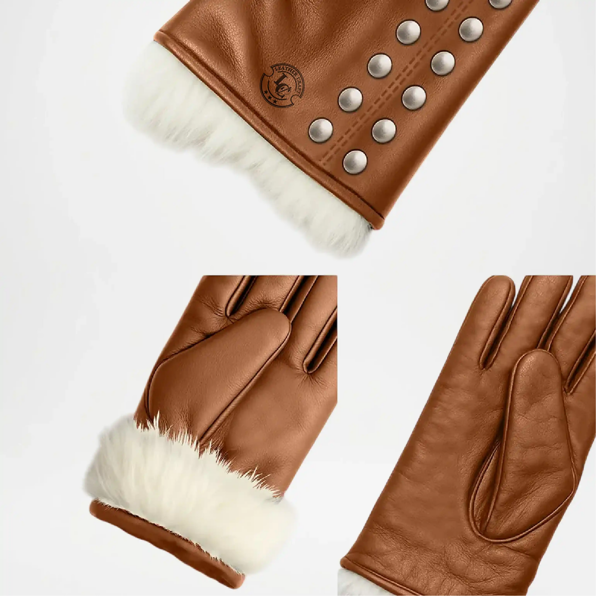 Brown leather gloves with white fur lining and studded details on a white background