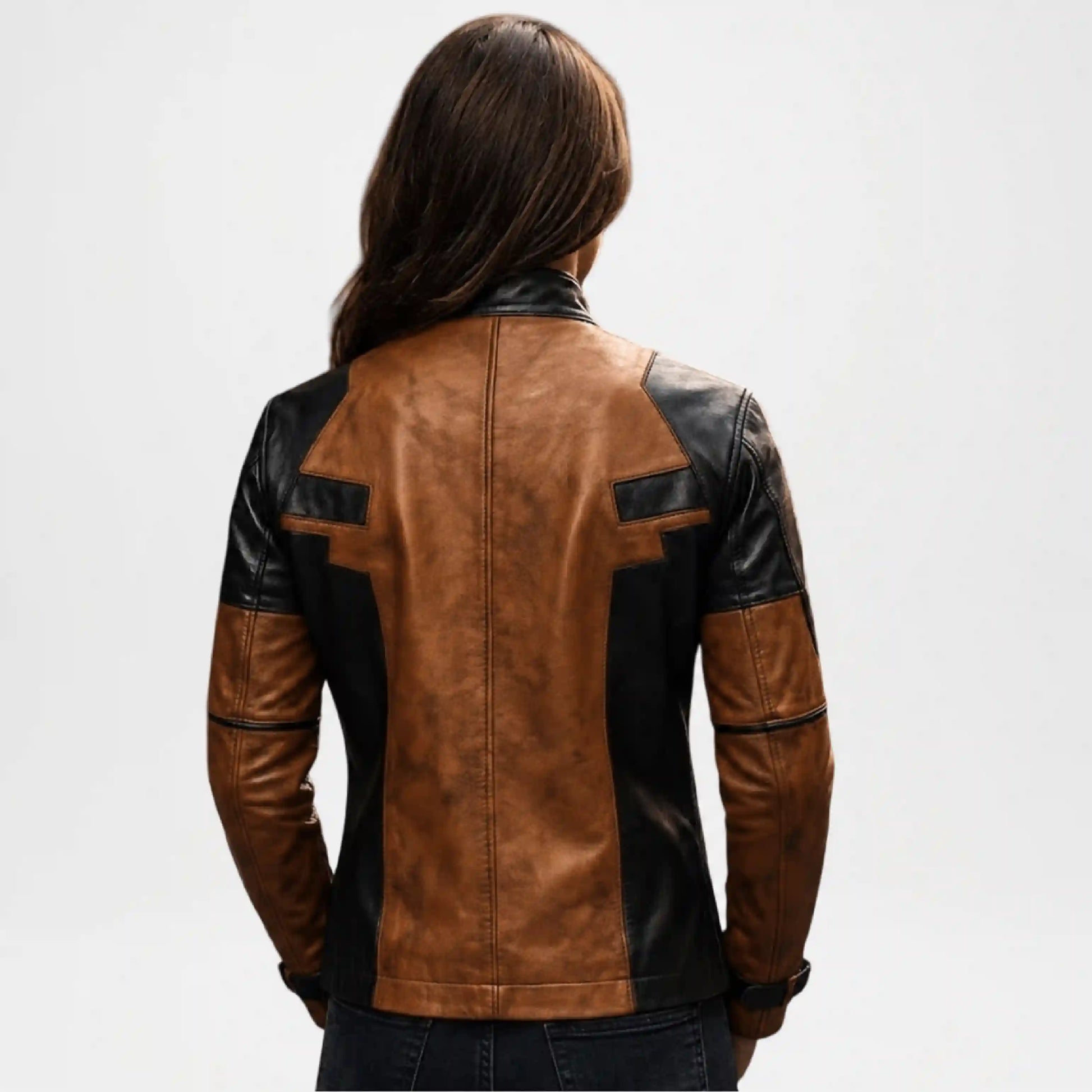 Genuine Women's Brown & Black Leather Biker Jacket with Zip Closure