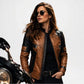 Premium Women's Brown & Black Leather Biker Jacket Front View
