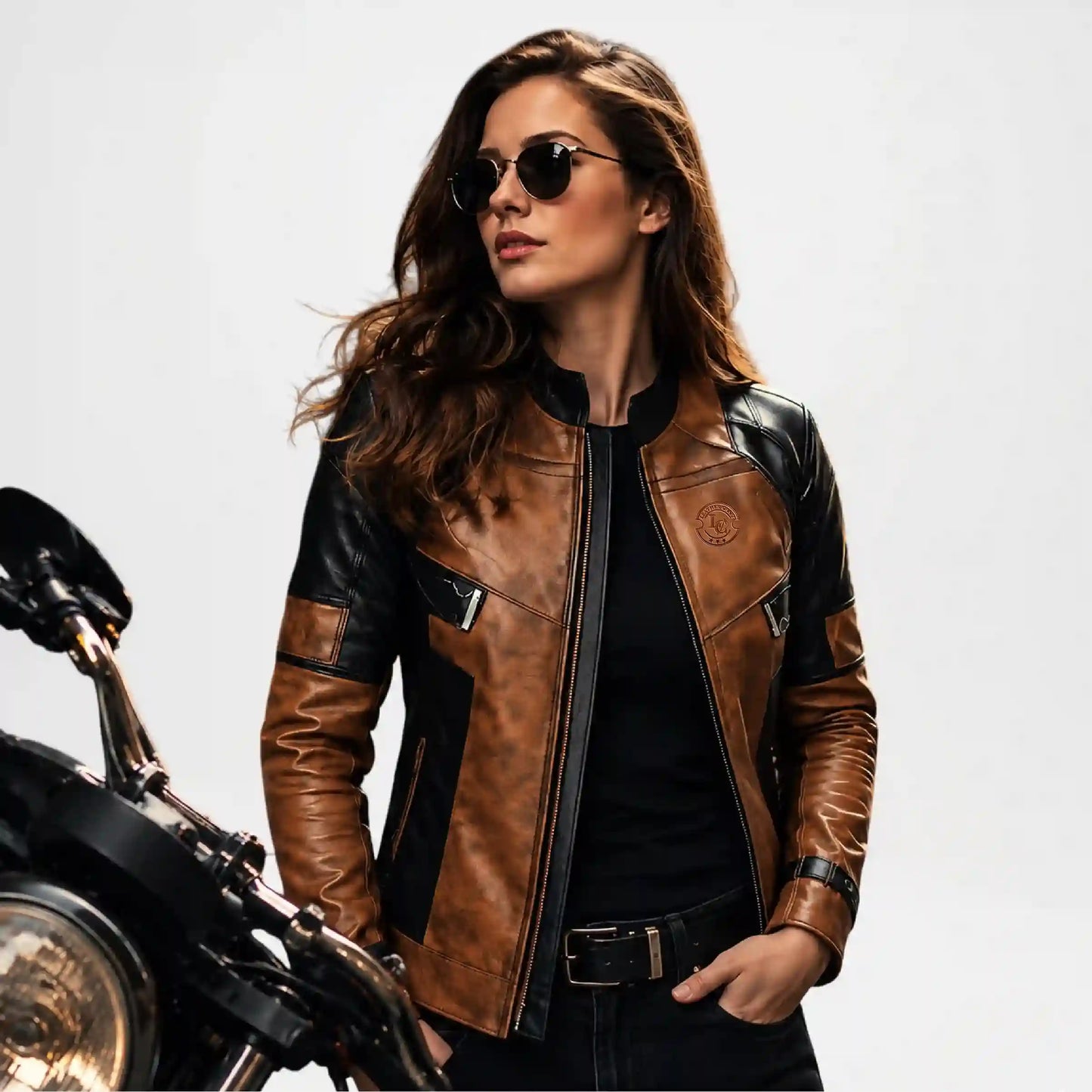 Premium Women's Brown & Black Leather Biker Jacket Front View