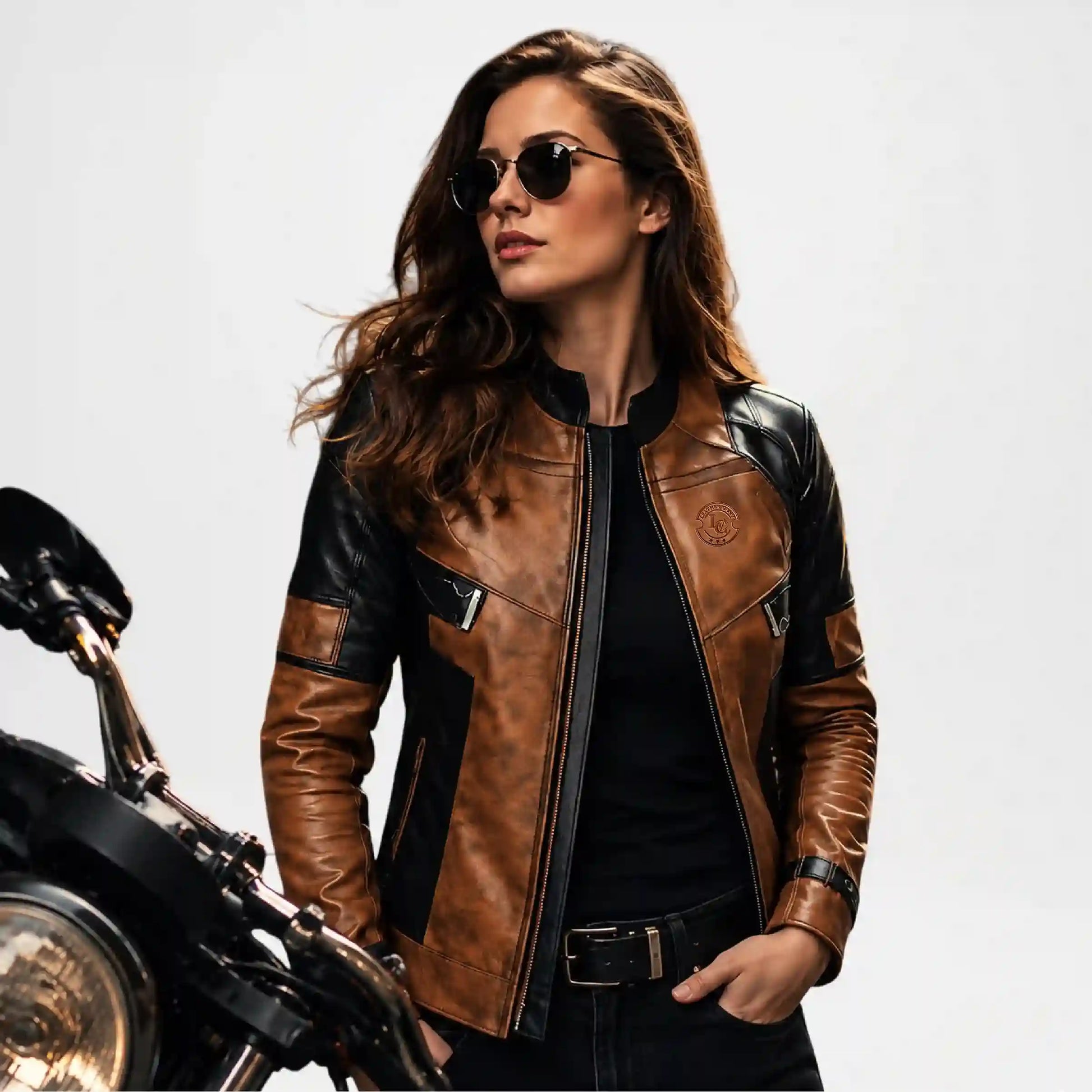 Premium Women's Brown & Black Leather Biker Jacket Front View