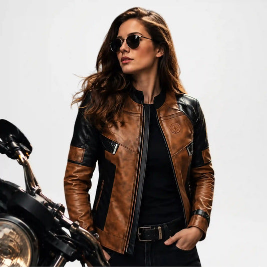 Premium Women's Brown & Black Leather Biker Jacket Front View