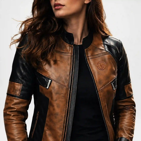 Women's Brown & Black Leather Biker Jacket with Classic Moto Style