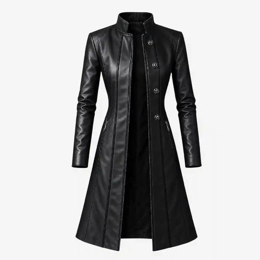 A black faux leather long coat with a stand collar and front buttons, displayed on a ghost mannequin against a light gray background.