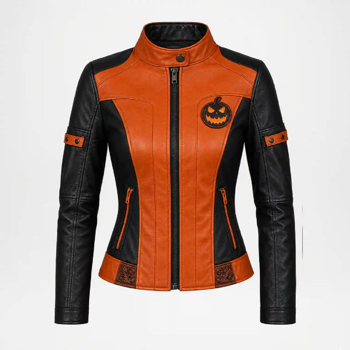 black and orange leather jacket