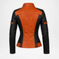 back view of black and orange leather jacket