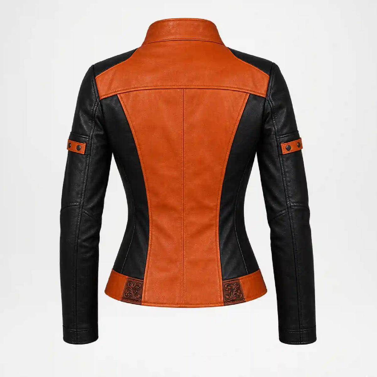 back view of black and orange leather jacket