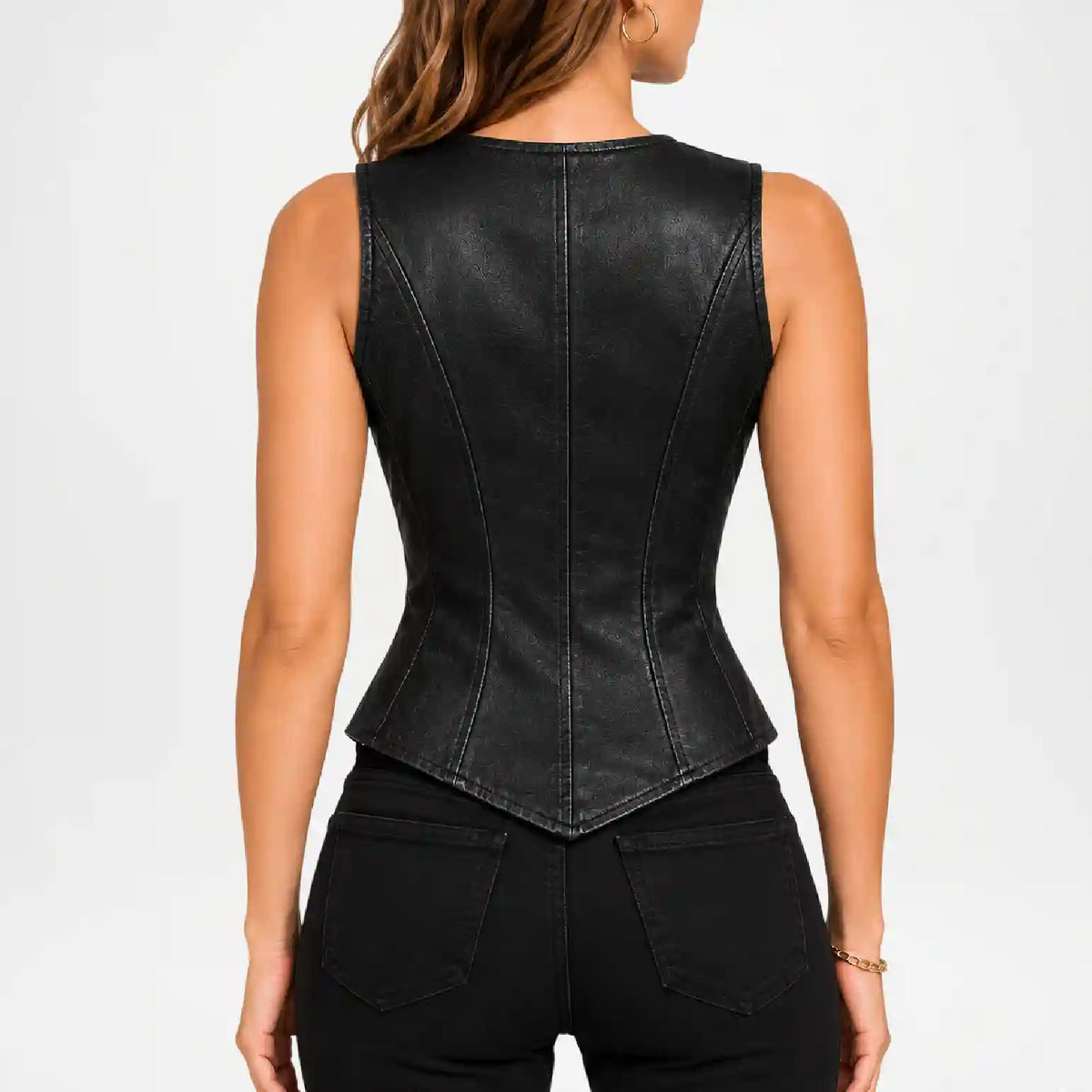 back view of womens black leather vest​