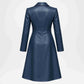 A dark blue faux leather long coat with structured shoulders and a straight collar, shown from the back on a light gray background.