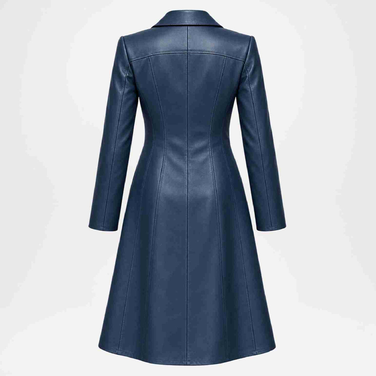 A dark blue faux leather long coat with structured shoulders and a straight collar, shown from the back on a light gray background.