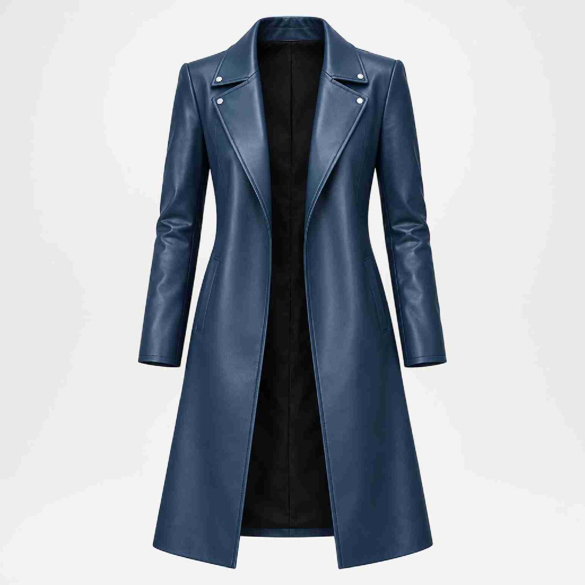 A women's long navy blue faux-leather coat with an asymmetrical lapel and silver snap buttons, displayed on a light gray background.