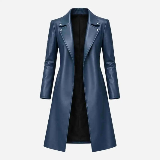 A long navy blue faux leather coat with a notched lapel and silver snap details, displayed on a light gray background.
