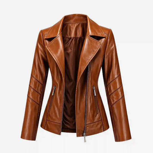 A brown faux leather moto jacket with a diagonal zip closure, notched lapels, and zippered side pockets, shown against a plain white background.
