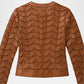 Side profile of Brown Leather Leaf Applique Jacket for Women