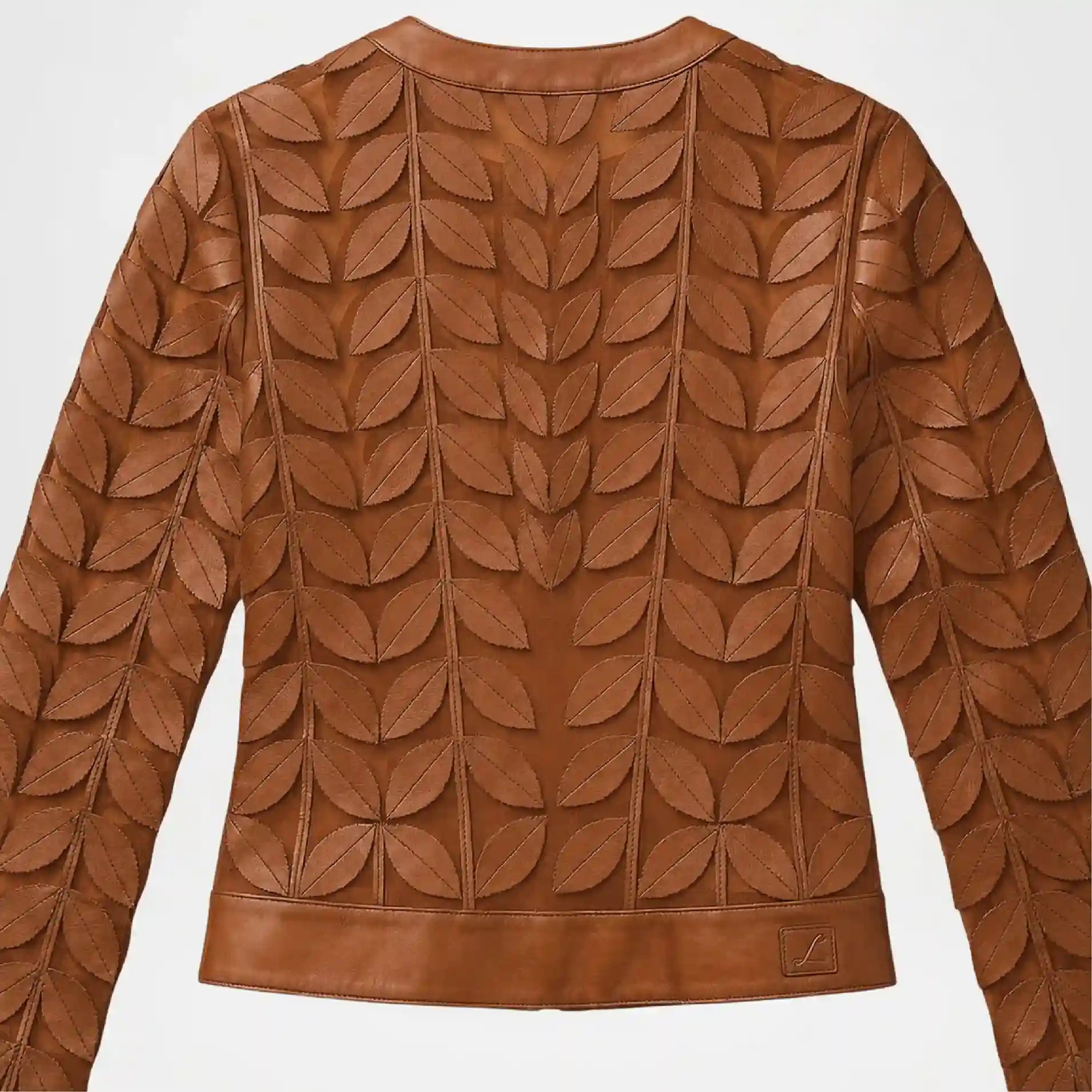 Side profile of Brown Leather Leaf Applique Jacket for Women