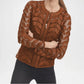 Back view of Brown Leather Leaf Applique Jacket for Women