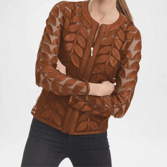 Back view of Brown Leather Leaf Applique Jacket for Women